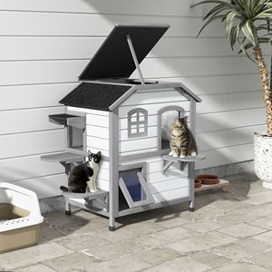 Casetta per Gatti da Esterno a 2 Piani Bianca con Porta di Fuga, 4 Piattaforme, Tetto in Asfalto, Rifugio per Animali Domestici, Cuccia per Gattini in Legno di Abete - Product Image 2
