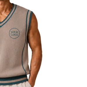 Gilet pull sans manches en tricot pour homme, col en V, couleur beige sable avec contraste bleu sarcelle, personnalisable avec logo, en laine et acrylique, vente en gros OEM - Product Image 4