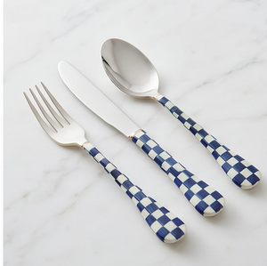 Ensemble de couverts classiques bleu et blanc à poignée à carreaux, en acier inoxydable, fourchette, couteau, cuillère, passe au lave-vaisselle, vaisselle de mariage - Product Image 3