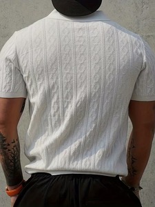 เสื้อเชิ้ตแขนสั้นผู้ชาย ผ้าถักลายแจ็คการ์ด คอเสื้อตัดกัน ผ้าเนื้อนุ่ม ระบายอากาศได้ดี เป็นมิตรกับสิ่งแวดล้อม ผลิตจากโพลีเอสเตอร์/คอตตอน ลายเรขาคณิต - Product Image 5