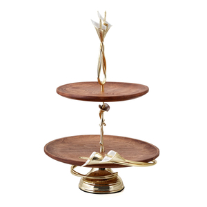 Soporte para pasteles de 2 niveles, hecho a mano, de madera de acacia ecológica, con diseño moderno de hojas en tono dorado, de alta calidad, para pasteles, cupcakes y postres. - Product Image 5