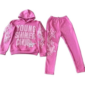 Ensemble survêtement streetwear épais avec logo personnalisé, broderie de lettres, sérigraphie, pantalon de survêtement évasé 500 g/m² et sweat à capuche - Product Image 1