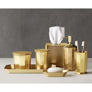 Ensemble de salle de bain haut de gamme doré pour hôtels, finition métallique côtelée, comprenant distributeur de savon, gobelet, boîte à mouchoirs et porte-savon, anti-poussière - Product Image 6