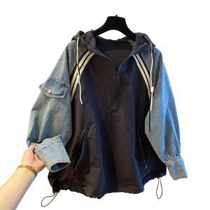 Custom Y2K <b>Men's</b> <b>Denim</b> Sleeve <b>Hooded</b> <b>Jacket</b> Contrast Color Zip Casual Outerwear Streetwear Windbreaker Winter Breathable OEM - Product Image 2