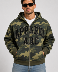 Wholesale Camo <b>Zip</b> Up Hoodies Custom Embroidery Patch Heavyweight Fleece Streetwear Men's Camouflage <b>Hooded</b> Jacket - Product Image 1