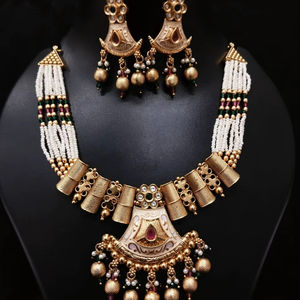 Classic Antique Brass Gold Plated Temple South Indian Multi-Strand <b>Pearl</b> Beaded Necklace <b>Set</b> Earrings Wedding Anniversary Party - Product Image 1