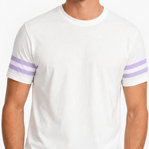 Camiseta Premium para Hombre con Rayas en las Mangas, Cuello Redondo, Blanca, Lavanda, Doble Raya, al por Mayor, Lisa, de Manga Corta, Casual - Product Image 2