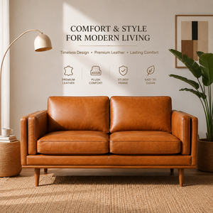Mid-Century Modern Genuine Leather Loveseat <b>Sofa</b> for <b>Living</b> <b>Room</b> Apartment and Office Furniture Two Seater <b>Sofa</b> - Product Image 1
