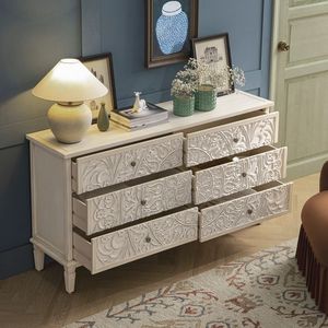 Luxury Handcrafted Solid Wood 6 Drawer Dresser Ornate Mandala Floral Carving Antique White Finish - Product Image 2