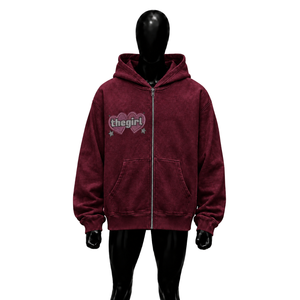 Maroon <b>Zip</b> <b>Up</b> <b>Hoodie</b> Women Oversized Heart <b>Graphic</b> Rhinestone Streetwear Full Zipper Hooded Sweatshirt Casual Fashion Wear Fits - Product Image 1