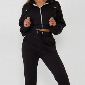 Conjunto Deportivo para Mujer, Sudadera Corta Azul Claro con Capucha y Pantalones Jogger a Juego, Estilo Urbano Informal, Color Sólido, Manga Larga, Tejido Transpirable 100% - Product Image 4