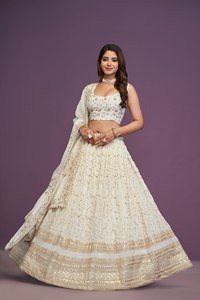 <b>White</b> Georgette <b>Lehenga</b> Choli Wholesale Indian Wedding Wear Embroidery Zari Sequence Work Bridal Semi Stitched <b>Lehenga</b> Set - Product Image 1