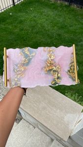 Modern Resin Kitchen <b>Serving</b> <b>Tray</b> with Marble Pattern and <b>Gold</b> Handles for Dining and Entertaining Guests - Product Image 3