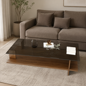 Modern Rectangular <b>Smoke</b> <b>Glass</b> <b>Coffee</b> <b>Table</b> Walnut Wooden Shelf Luxury Living Room Center Tea <b>Table</b> Hotel Furniture Manufacturer - Product Image 4