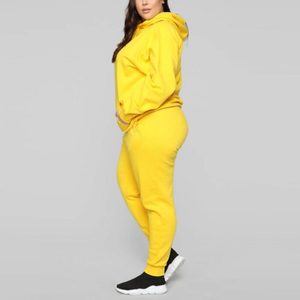 Women Plus Size <b>Yellow</b> Hooded <b>Tracksuit</b> Full Sleeve Solid Color Casual 2 Piece Set Side Pockets Elastic Waist 100% Cotton - Product Image 2