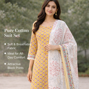 Traje Punjabi Amarillo Sol para Mujer |   Conjunto de Kurti y Pijama de Algodón con Estampado Floral Blanco y Borde |   Conjunto de Vestido Indio Profesional - Product Image 4