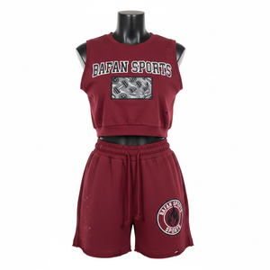 Women Premium Crop <b>Top</b> Short Set GSM Cotton Blend Fleece <b>Maroon</b> Heat Transfer Logo Custom 100% Cotton Crop <b>Top</b> & Shorts Set - Product Image 1