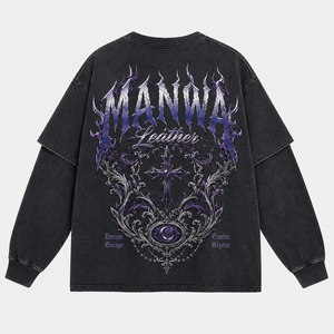 เสื้อยืดแขนยาวทรงโอเวอร์ไซส์ผ้ายีนส์สำหรับผู้ชาย MANWA พร้อมลายพิมพ์ฟอยล์ สไตล์สตรีท คอกลม โลโก้ด้านหลัง ราคาถูก รับผลิตแบบ OEM - Product Image 1