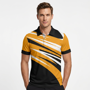 <b>Men's</b> Short Sleeve Polo Shirt With Abstract Striped Print Black Gold White Quick Dry Polyester Sporty Regular Fit - Product Image 4