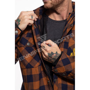 Camisa de Motociclismo JENNIFEN SPORTS JS-16, Franela, Color Naranja y Azul Marino, Diseño a Cuadros Buffalo, Forro de Aramida, Protección Completa con Armadura CE - Product Image 3