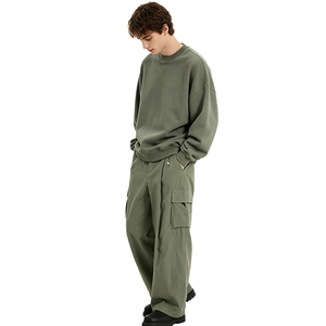Breathable Side Seam Plaid Wide Trousers Men Casual Street Uniform High Density Woven Cotton Pleat <b>Pants</b> - Product Image 3