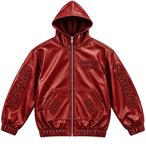 Veste à capuche en similicuir personnalisée pour homme avec logos en relief, fermeture éclair intégrale, style streetwear - Product Image 6