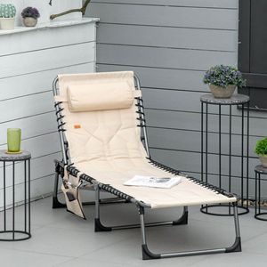5-Position Adjustable Backrest Outdoor Folding Chaise Lounge <b>Chair</b> with Pillow Pocket <b>Padded</b> Reclining Patio Sun Lounger - Product Image 2