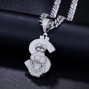 Collar Hip Hop para Hombre con Colgante de Signo de Dólar en Plata 925 y Moissanita, con Piedras Redondas de Corte Brillante, para Uso Diario - Product Image 2