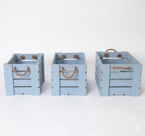Modern Rustic Blue Wooden Storage Crates Set Nesting Decorative Beach Style Wood Display Boxes With Hemp Rope Handles For Home - Product Image 3