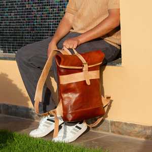 Versatile Genuine Leather <b>Roll</b> Top <b>Backpack</b> Expandable Capacity Travel Bag Waterproof Men Business <b>Backpack</b> LRTB-0108 - Product Image 1