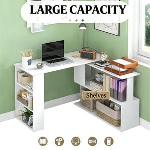 White Home Office Corner <b>Computer</b> <b>Desk</b> with Storage Rack for Writing - Product Image 6