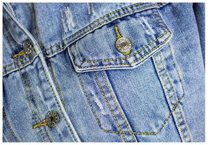 Veste en jean courte pour femme avec ourlet effiloché, manches longues, col rabattu, en coton délavé, style printemps - Product Image 4