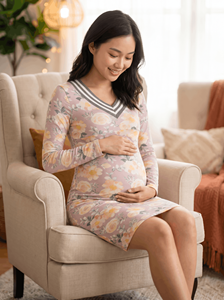 Vestido de Maternidad y Lactancia Bmama con Estampado Floral, Cierre Doble, Manga Larga, Largo hasta la Rodilla, Venta al Por Mayor OEM - Product Image 5