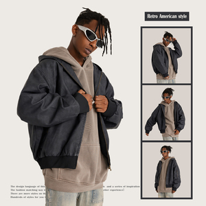 Men's Hooded <b>Bomber</b> <b>Jacket</b> PU Leather Solid Color Zipper Closure Casual Autumn Wear Regular Fit <b>Suede</b> Material - Product Image 3