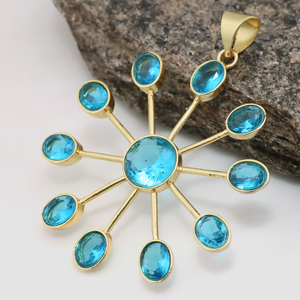 Colgante artesanal de topacio azul y cuarzo con diseño de rayos de sol, chapado en oro, proveedor de joyería de lujo, regalo para ella - Product Image 3