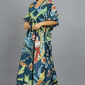 Caftán de algodón con estampado de pájaros indios, hecho a mano, para la playa, vestido de verano - Product Image 1