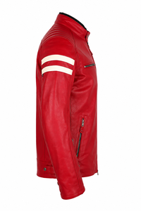 <b>Men's</b> <b>Red</b> Genuine <b>Leather</b> Motorcycle <b>Jacket</b> Stand Collar Zipper Closure Moto Biker Style Autumn Wear Regular Fit - Product Image 5