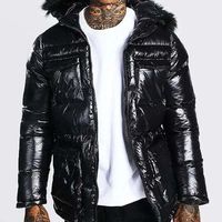 Blouson matelassé noir brillant pour homme avec capuche en fausse fourrure, manteau d'hiver isolé, parka zippée, vêtement d'extérieur chaud style streetwear, cadeau pour