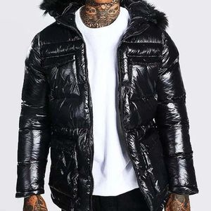 Blouson matelassé noir brillant pour homme avec capuche en fausse fourrure, manteau d'hiver isolé, parka zippée, vêtement d'extérieur chaud style streetwear, cadeau pour - Product Image 1
