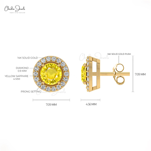 ต่างหูทรงกลมประดับพลอยแซฟไฟร์สีเหลืองขนาด 4 มม. ดีไซน์รัศมีประดับเพชรในทองคำ 14k งานละเอียด พร้อมจำหน่ายจากผู้ผลิตเครื่องประดับ - Product Image 4