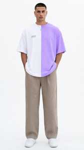Camiseta de Hombre Oversize de Color Liso con Bloques de Color, de Punto Grueso, Blanca, de Manga Corta, Cuello Redondo, Estilo Urbano - Product Image 2