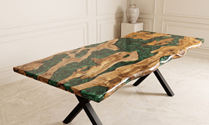 Table à manger rectangulaire moderne en résine avec bord naturel, design grain de bois vert et or, faite à la main, mobilier contemporain pour la maison, 6 places - Product Image 5