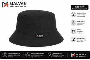 Premium Quality Sublimated Unisex <b>Black</b> Cotton <b>Bucket</b> Hat Solid Color Casual Style Packable for Adults Spring Summer Wear - Product Image 2
