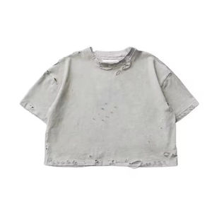 Camiseta de Manga Corta para Hombre, Estilo Oversize, Desgastada, Cuello Redondo, Color Gris Sólido, Algodón Lavado, Estilo Urbano, Tejido de Punto, Corte Casual - Product Image 4