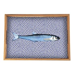Bandeja Decorativa Rectangular con Estampado de Peces y Gotas en Azul Náutico, Bandeja de Servir Artesanal de Madera de Mango para Pedidos al por Mayor - Product Image 1