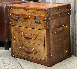 Leather Trunk <b>Drawer</b> Cabinet Antique Storage Chest Wooden <b>Side</b> Table Brass Studded Furniture Home Decor Living Room Entry Hotel - Product Image 4