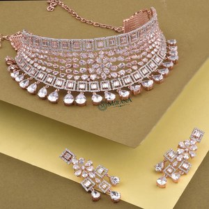 Antique Gold Plated Zircon Bridal Choker Necklace with Earrings Set - Product Image 2