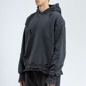 เสื้อฮู้ดดี้โอเวอร์ไซส์ผ้าฝ้ายเฟรนช์เทอร์รี่สีพื้นแบบดิสเทรสสำหรับผู้ชาย ดีไซน์ตัดเย็บแบบวอชเอาท์ แขนเสื้อปกติ สไตล์ฤดูใบไม้ร่วง - Product Image 3