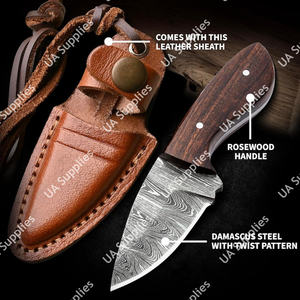 มีดคอเหล็กดามัสกัสตีขึ้นรูปด้วยมือขนาดเล็ก EDC - มีดพกพา/มีดคล้องคอคมกริบ ด้ามไม้พะยูง พร้อมปลอก มีดขายส่งแบบ OEM/ODM - Product Image 2