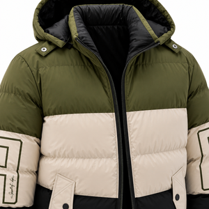 Men's Winter Color Block Hooded Puffer Jacket With Letter Print Zip-Up Stand Collar Windproof Casual Outerwear - Product Image 3